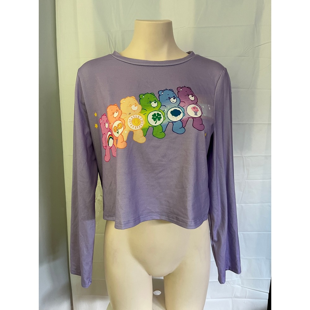 Care Bears Lavender Purple Graphic Long Sleeve Cropped T-Shirt Women Large